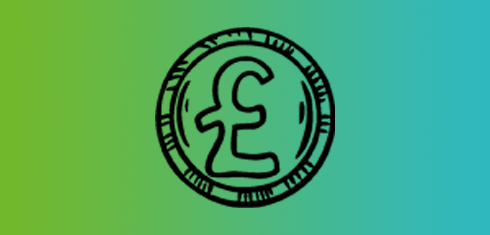 Line drawing of a pound coin on a green and blue gradient